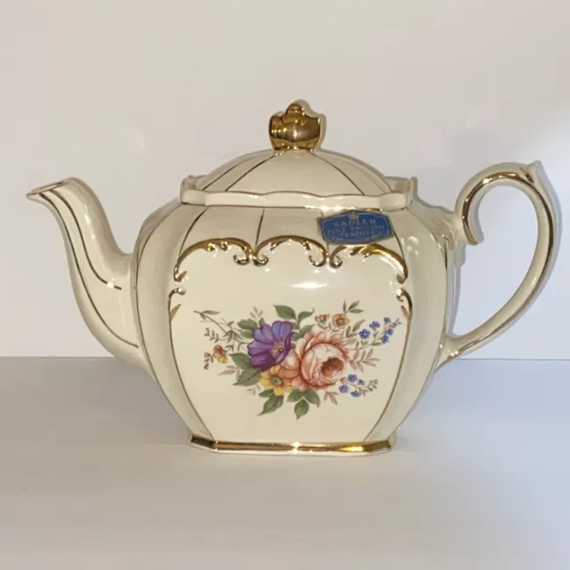 Vintage SADLER Cube Teapot Ivory Pink Rose Gold Gilt Trim English W/ Label 2097