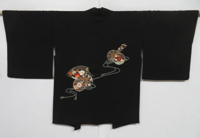 0617i06z580 Vintage Japanese Kimono Silk HAORI Black Folding fan Embro