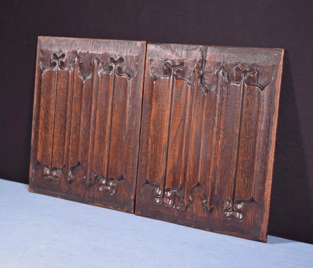 *Pair of Gothic Linen Fold Carved Panels/Trim in Solid Oak Wood