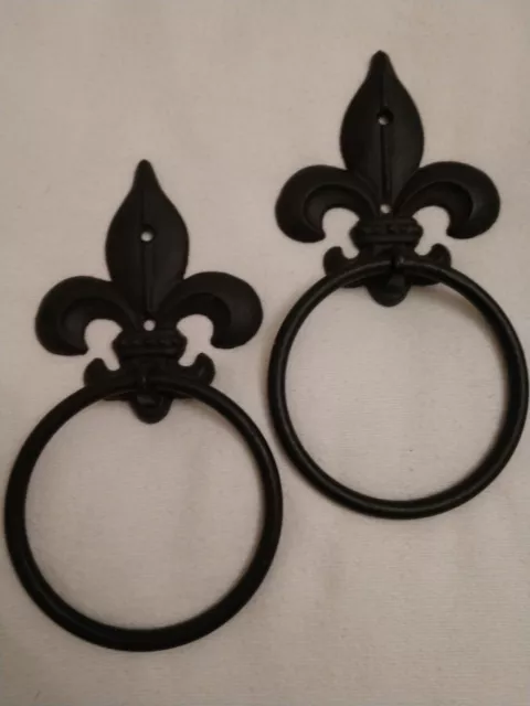 Pair of heavy black cast iron towel holders fleur-de-lis 9” wall mount set