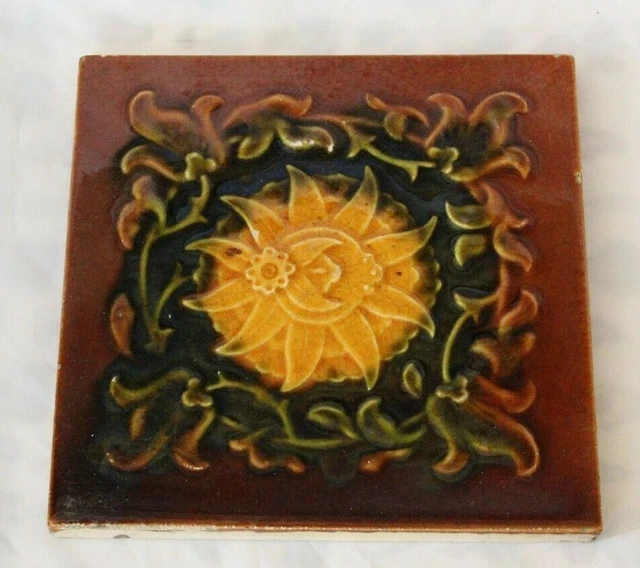pretty ENGLISH majolica ANTIQUE TILE  aesthetic yellow flower design