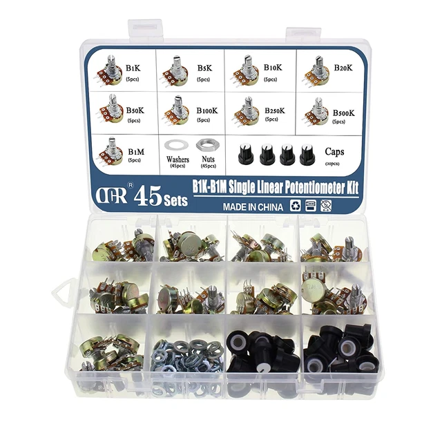 1K-1M Ohm Potentiometer Kit, 45 Sets Single Linear Potentiometer with Knobs, Nut