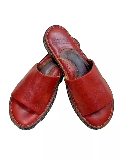 Born Sandals Red Leather Flats Womens 9 Val Slides Slip On Comfort Casual Sandal