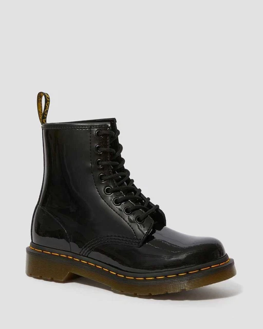 Dr.Martens - Chaussures Femme Cuir Vernis Noir Piqûre Jaune