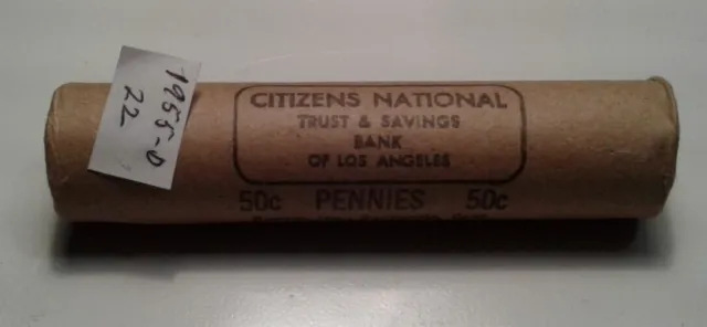 1955 D Obw Old Bank Wrap Roll Bu Uncirculated Lincoln Wheat Cent Pennies