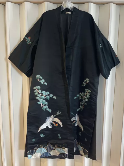 Vintage Boho Black Embroidered Asian Crane Bonzi Tree Pure Silk Kimono~XXL~EUC