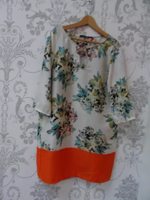 ZARA ladies white floral orange 3 / 4 sleeve tunic dress SIZE XL UK 14 EXCELLENT