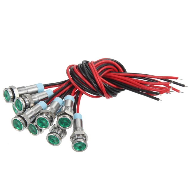 10uds 6mm 1/4" Interior LED Indicador Luces Plana Cabeza 150mm Verde