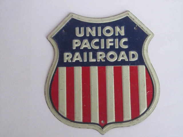 UNION PACIFIC POST Cereal Premium Metal Railroad Emblem VG CONDITION
