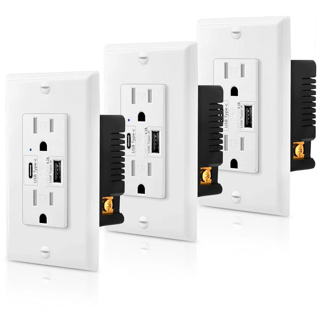 Toma de pared USB tipo C 4.2A doble enchufe receptáculo de alta velocidad TR UL con cubierta paquete de 3
