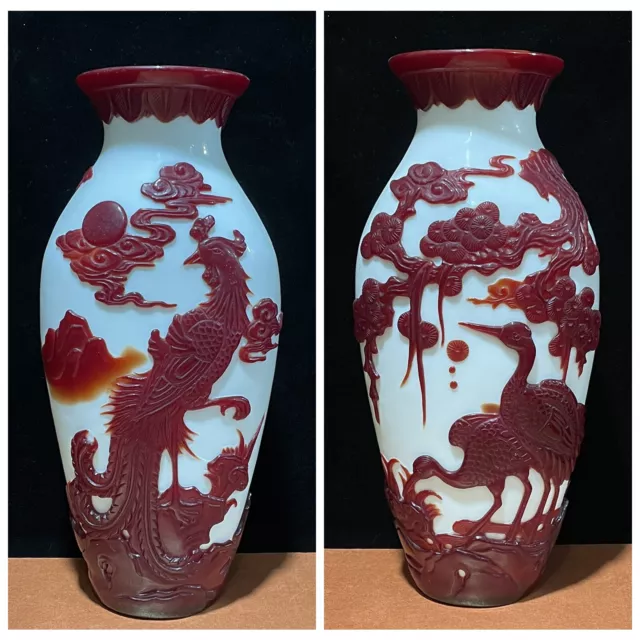 9.8"Collection Chinese Colored Glaze Nicely Carved Phoenix Crane Vase Home Decor