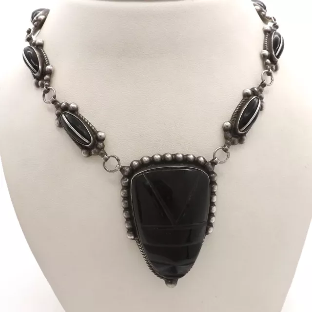 Mexico Sterling Silver Black Onyx Carved Aztec Mayan Warrior Mask Necklace Vtg