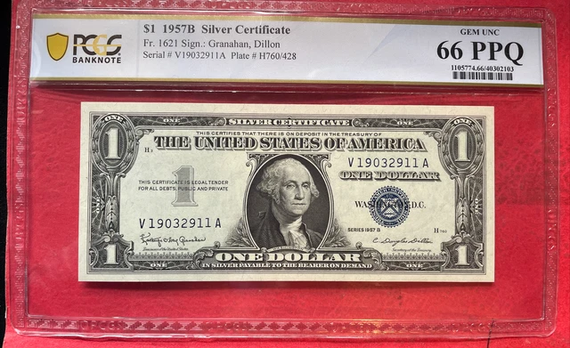 WOW 1957-B $1 SILVER CERTIFICATE *V-A Block*  PCGS 66 PPQ (  Fr. 1621 )