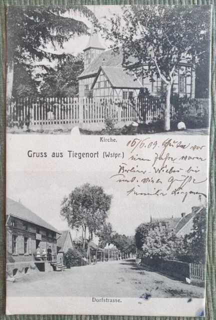 Ak Tiegenhof (Nowy Dwór Gdański). Kirche, Dorfstrasse. 1909. Westpommern Danzig