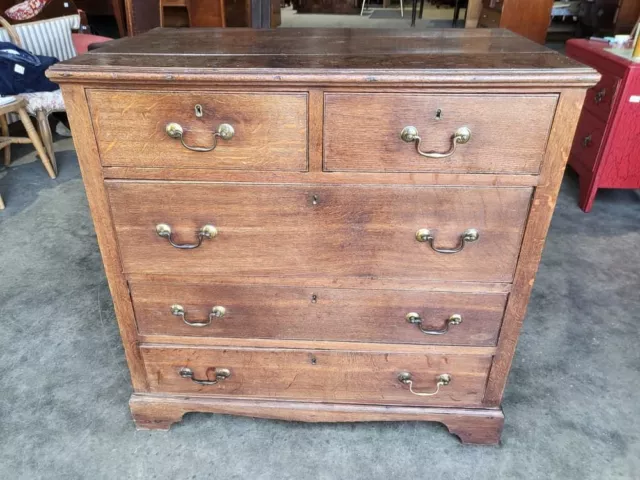 Antique Georgian solid oak chest of drawers 2 over 3 brass handles