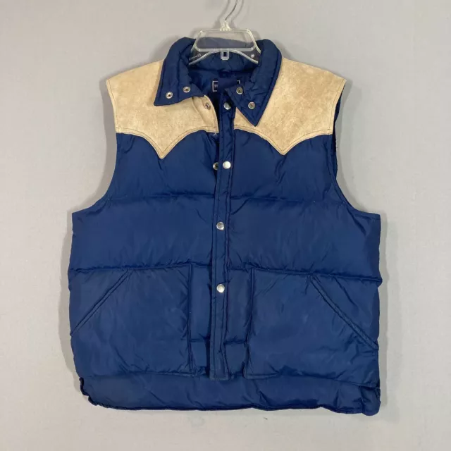 Vintage Down Puffer Vest Blue Mens Adult L Metal Snap Suede Leather Western Yoke
