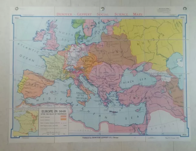 1964 DENOYER GEPPERT H12 EUROPE 1648 FOLDING CLOTH SCHOOL MAP 33" x 43.5"