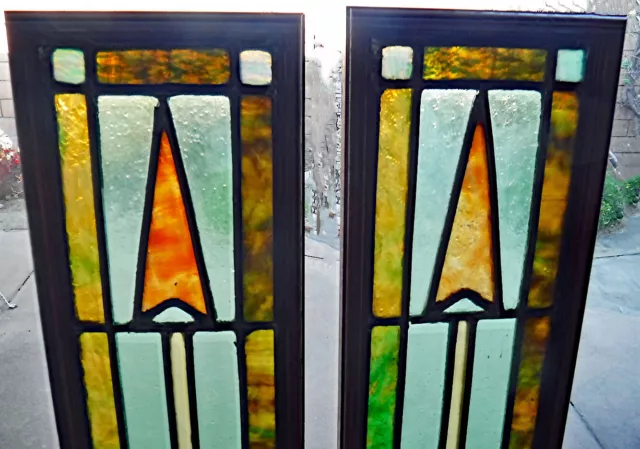 Two Antique Arts & Crafts Stained Leaded Glass Arrow Window Door Panels 26" 2
