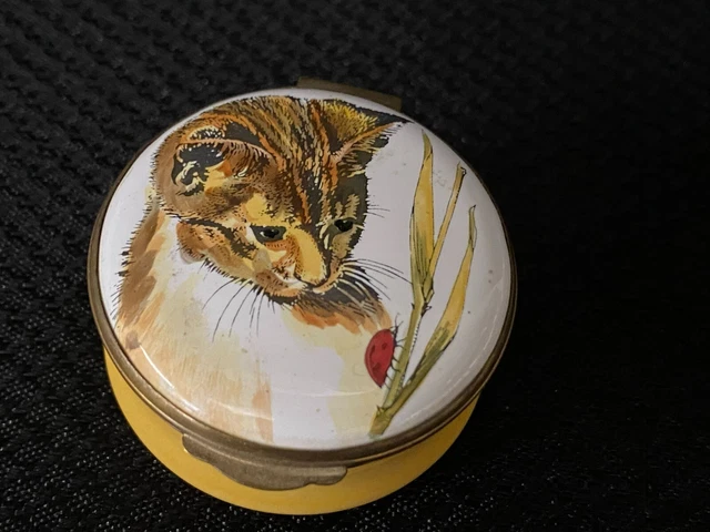 Crummles Enamel Trinket Box ~ "CAT / LADY BUG" ~ England ~ Round 1 3/4" Crummles Enamel Trinket Box ~ "CAT / LADY BUG" ~ England ~ Round 1 3/4"