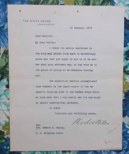 Woodrow Wilson Signed Letter As President Welding On Captured German Ships W/Coa
