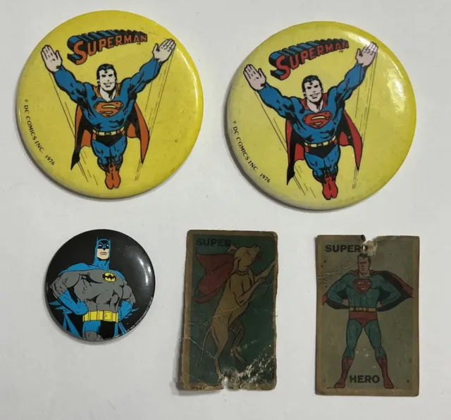 vintage Superman & Batman pins 1976 Also 2 Comic Book Foldees Cards ￼from 1966!!