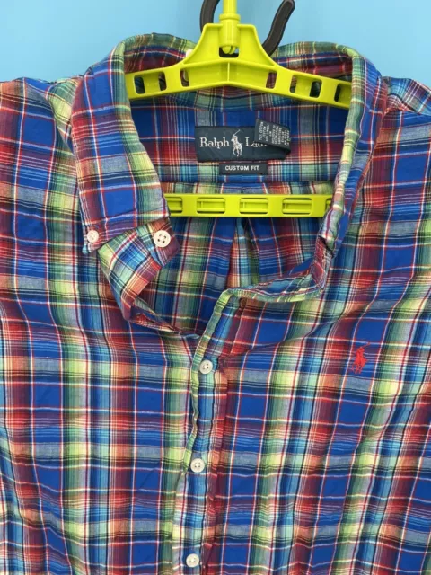 Polo Ralph Lauren Shirt Mens XL Blue Red Plaid Linen Button Up Custom Fit Oxford