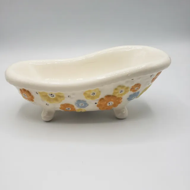 Vinatge Ceramic Footed Bathtub Soap Trinket Dish Pottery Flowers