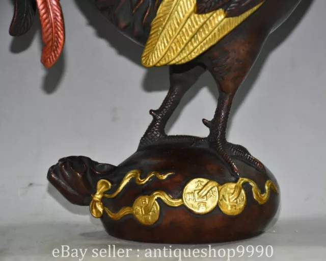 12.4" Marked Chinese Bronze Gilt Fengshui 12 Zodiac Year Rooster Cock Sculpture 3