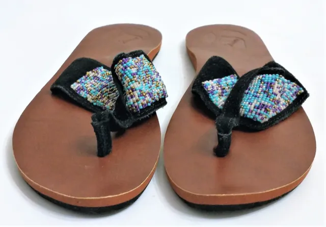 Reef We Heart Hand Beaded Black & Brown Sandals/Flipflops Size 8    EUC