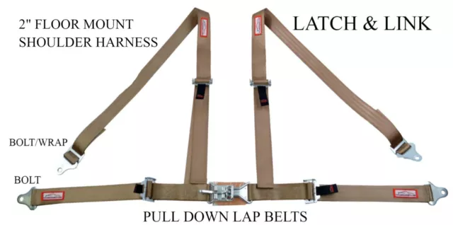 2" Buggy Harness Racing Seat Belt Latch & Link Floor Mount Saddle Beige Tan