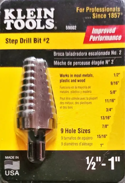 Klein Tools 59002 Step Drill Bit #2 1/2" to 1" - 9 Hole Sizes (NEW!)