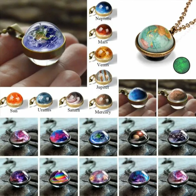 Glow In the Dark Galaxy System Double Sided Glass Planet Necklace Pendant Gift