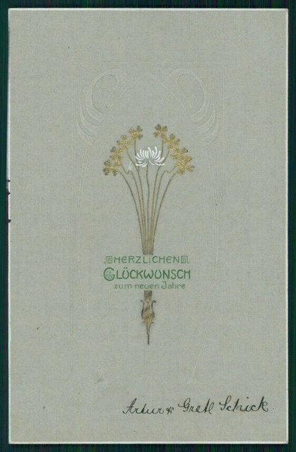 Art Nouveau Wishes Four Leaf Clover Luck Relief postcard TC2794