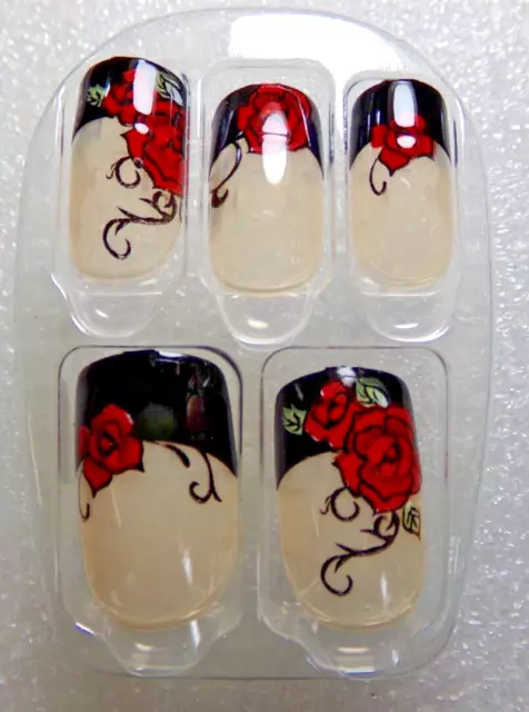IMPRESS NAILS PRESS ON Medium Shiny Black French with Red Roses EXTREMELY RARE