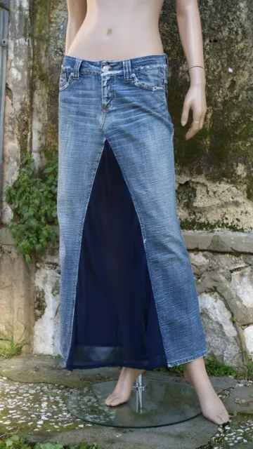 Gonna Lunga Donna Jeans Blu Fatta a Mano Chiffon Boho Handmade Denim Long Skirt
