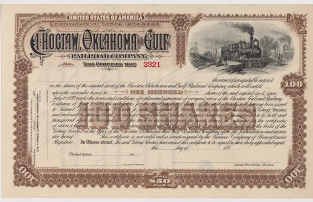 Choctaw Oklahoma Gulf Railroad Company Stock Certificate Unissued 189_