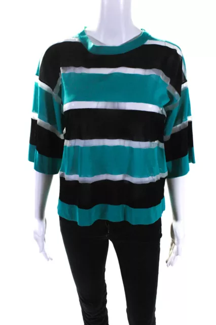 Jucca Womens Green Black Striped Mesh Crew Neck 3/4 Sleeve Blouse Top Size M