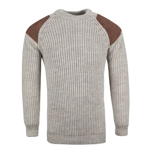 Pure British Wool Countryman Patch Ras Cou Gris Clair Pull - Fabriqué En UK