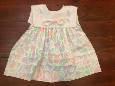 VTG Alexis Baby Girl Dress Pastel Abstract Floral Bib Front 12M? Cottage Fairy