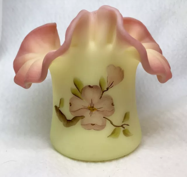 Fenton Yellow /Pink Burmese Ruffled Hat Vase Hand Painted Dogwood Flowers Signed