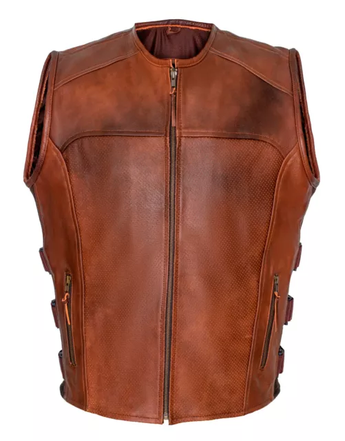 Brown Premium Perforated Leather Motorcycle Biker Vest Waistcoat Cowhide SWAT