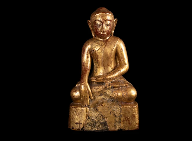 One Burmese Painted & Gold-Plated Wooden Figure of Buddha Burma 1. H.20. Century