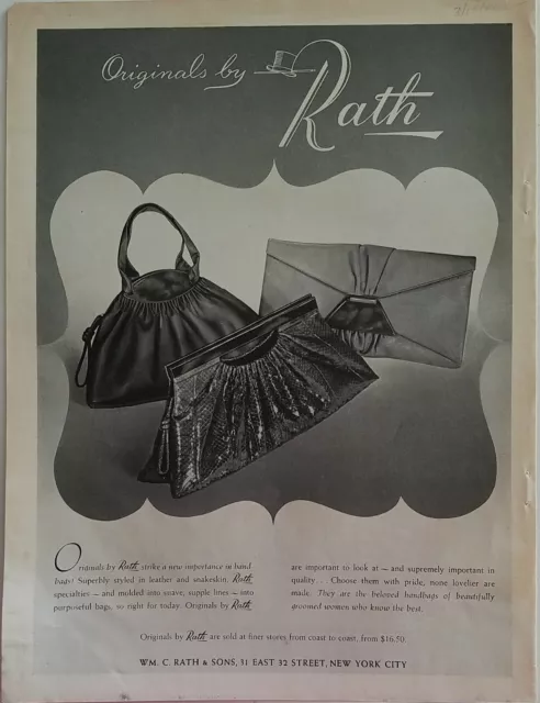 1946 Rath leather snakeskin women's handbag purse vintage fashion ad