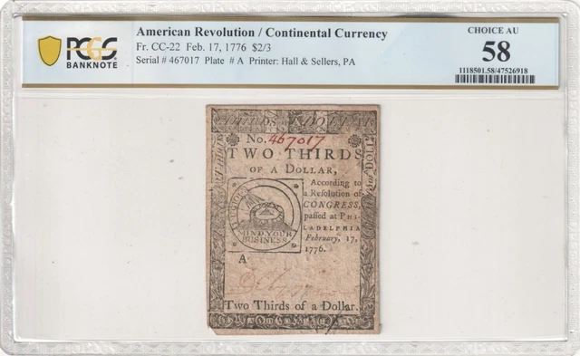 Continental Currency February 17, 1776 $2/3 Fr. CC-22 PCGS AU58