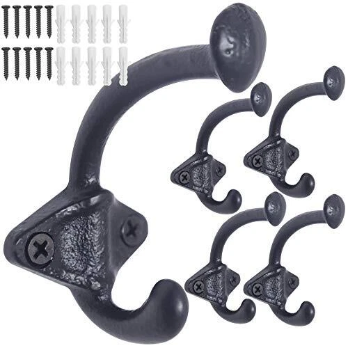 Rustic Coat Hooks Wall Mounted:5 Cast Iron Hooks,Heavy Duty Vintage Antique W...