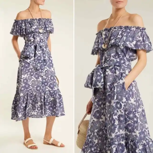LISA MARIE FERNANDEZ Mira Cotton Admiral Blue / Floral Printed Dress Size 4