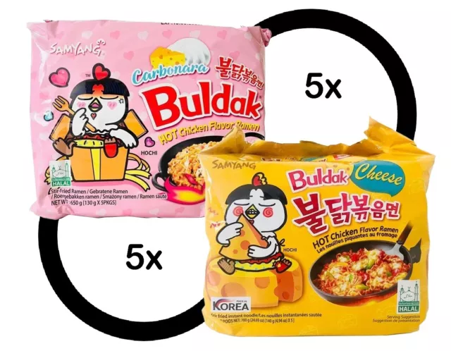 Pasta ramen sapore di pollo caldo Samyang Buldak - 5x carbonara e 5x formaggio formaggio
