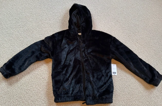 girls F&f black faux fur hooded jacket bnwt age 13-14