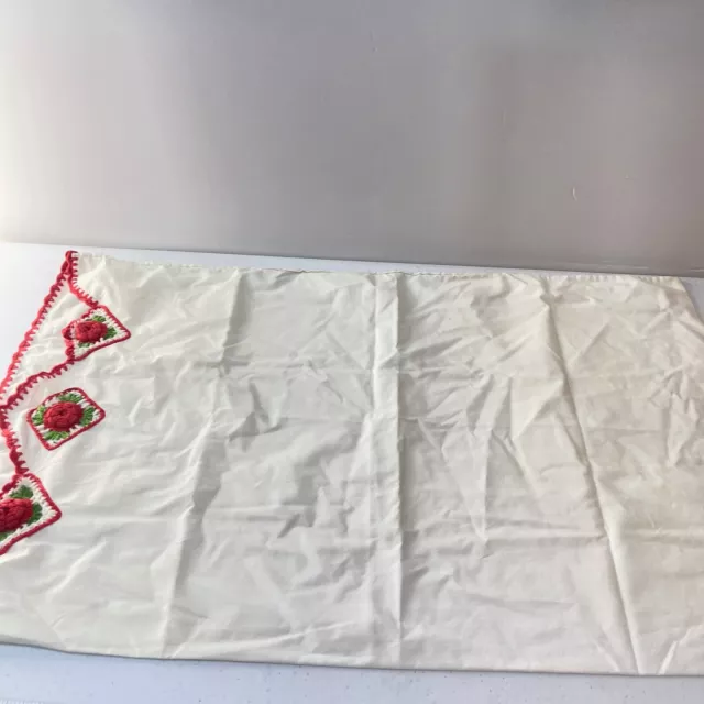 vintage pillowcase rectangle white cotton red crochet roses flowers