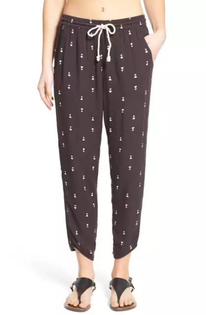 Billabong ROAMING HEARTS Off Black White Print Design Crepe Woven Junior's Pant